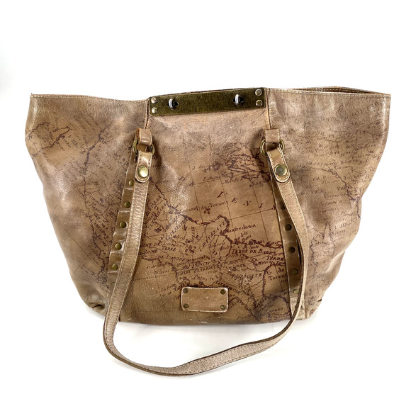 Patricia Nash Benvenuto Tote Signature Map Brown Leather Antique Brass Hardware - Picture 3 of 14